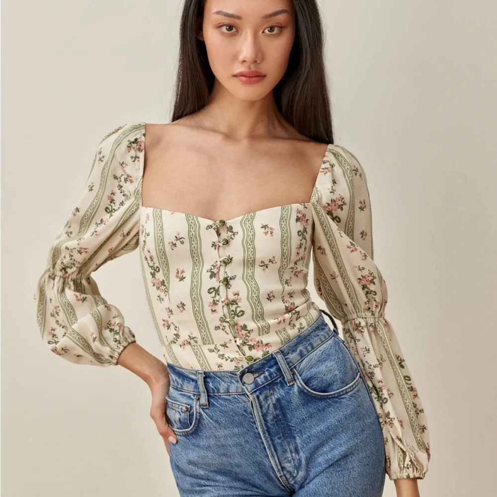 Reformation Cream Floral Square-Neck Corset Blouse